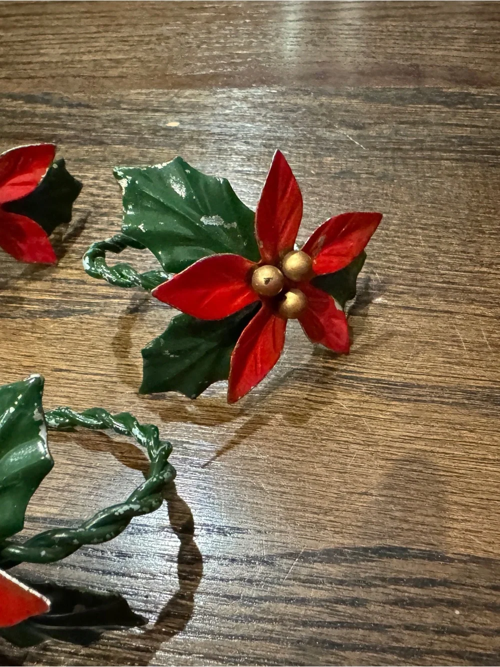 Vintage Christmas Napkin Rings Holiday Poinsettia Hair - Red & Green - Metal